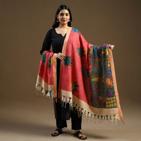 Red Pen Work Mangalagiri Cotton Handpainted Kalamkari Dupatta