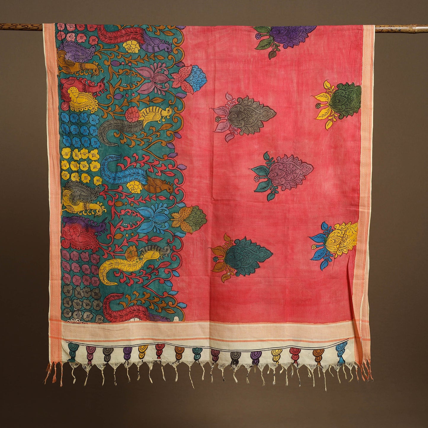 Red Pen Work Mangalagiri Cotton Handpainted Kalamkari Dupatta