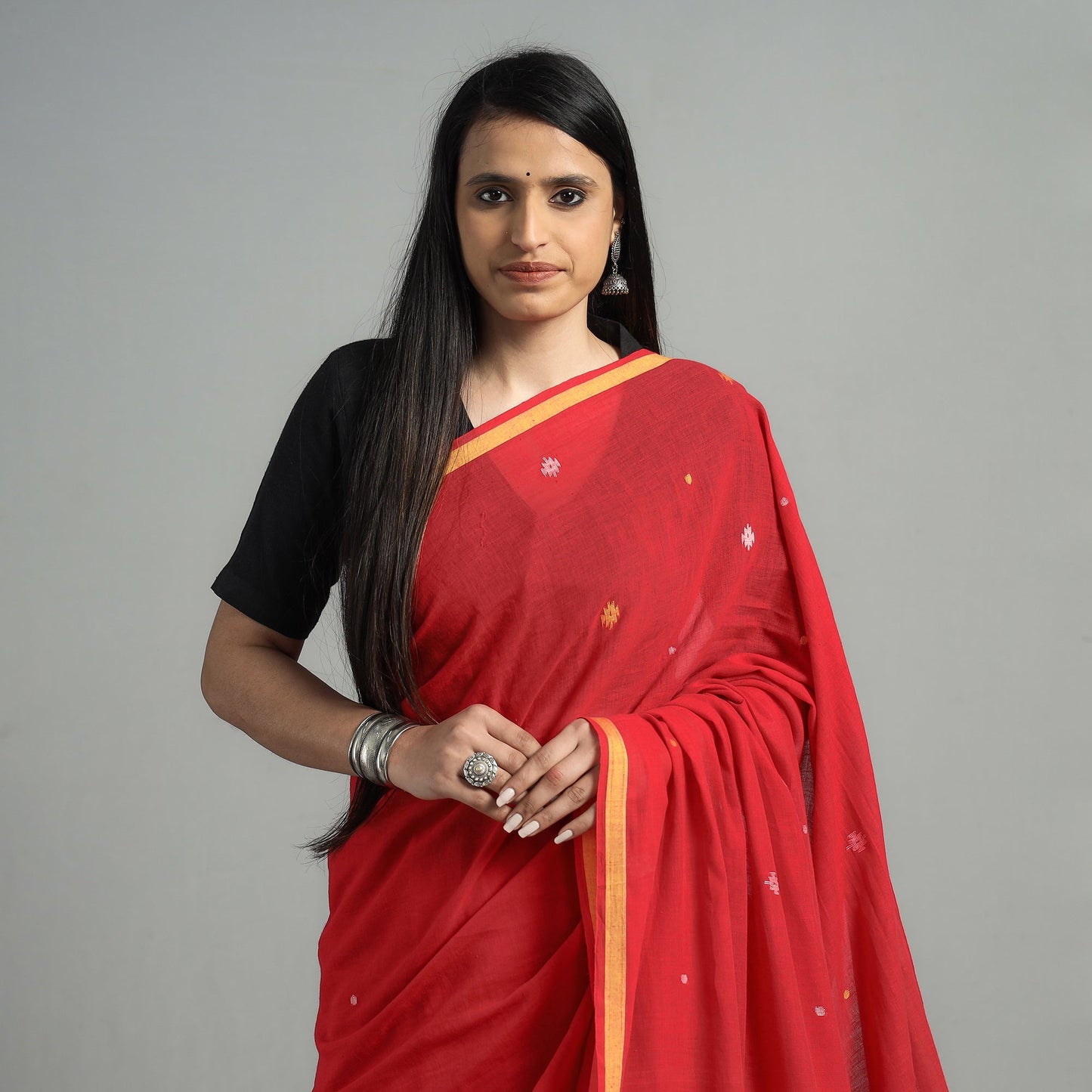Red - Phulia Bengal Jamdani Buti Handloom Cotton Saree