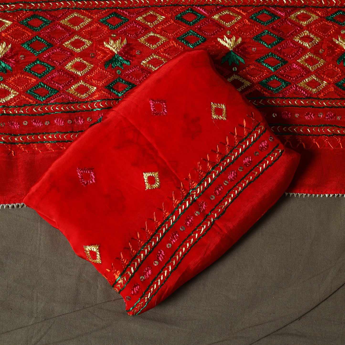 Phulkari hand embroidered crepe silk 3pc unstitched dress