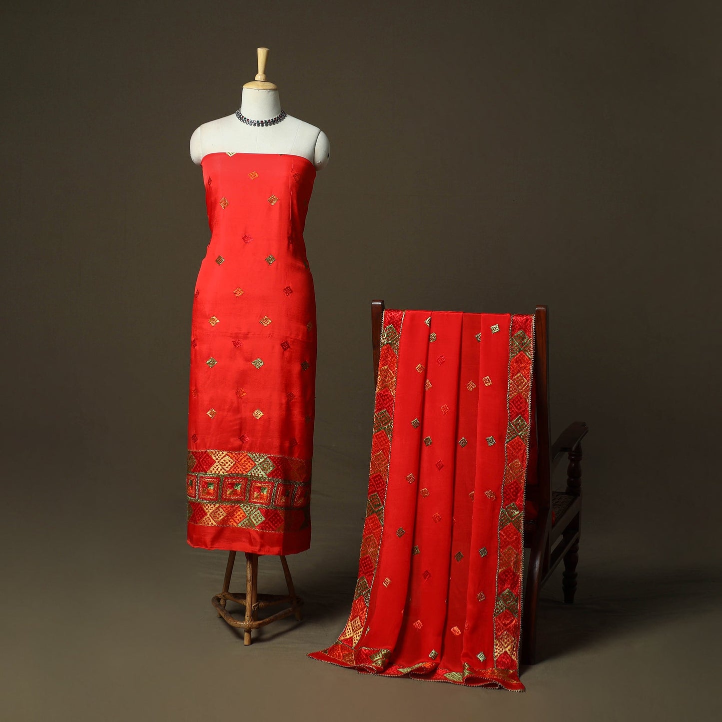Phulkari hand embroidered crepe silk 3pc unstitched dress