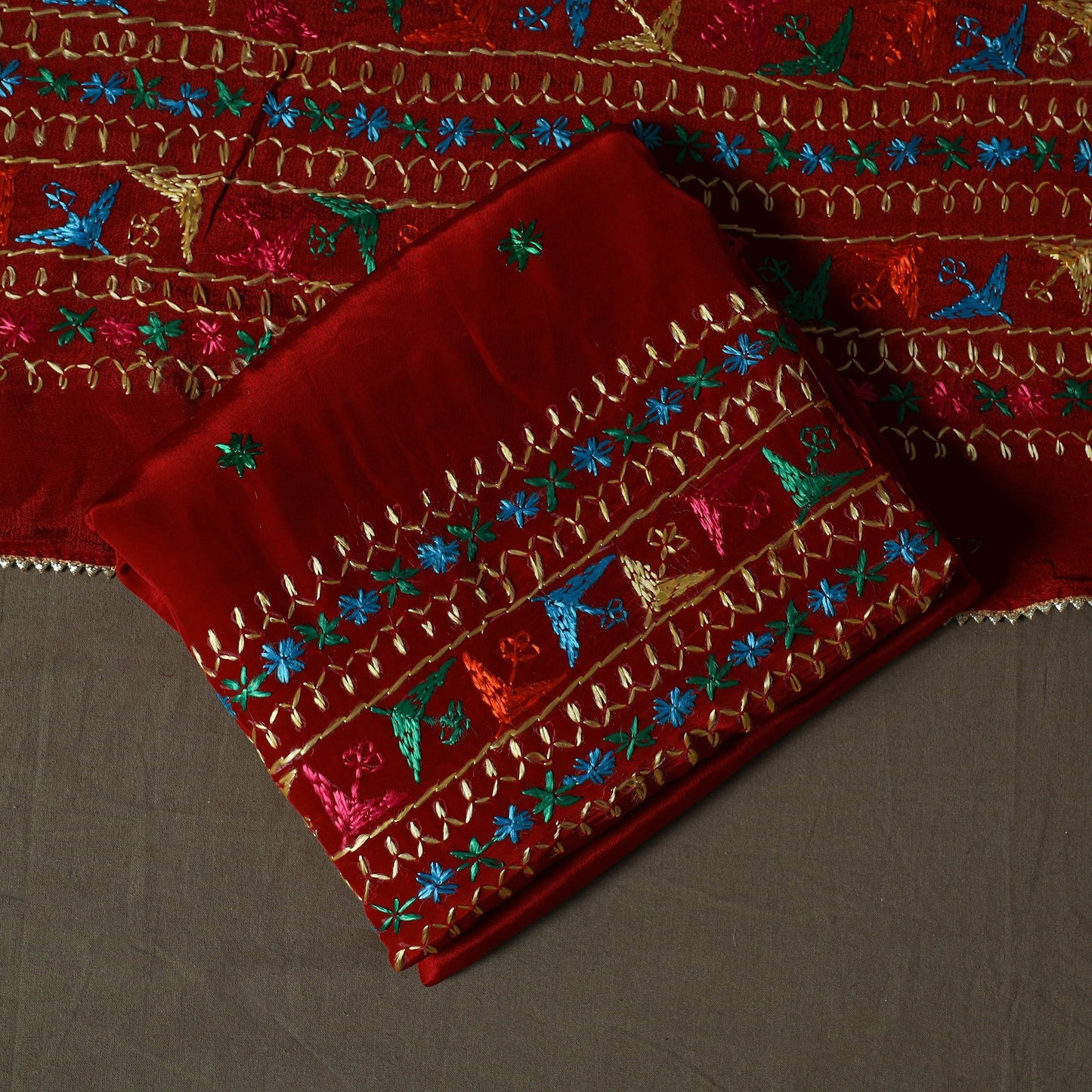 Phulkari hand embroidered crepe silk 3pc unstitched dress
