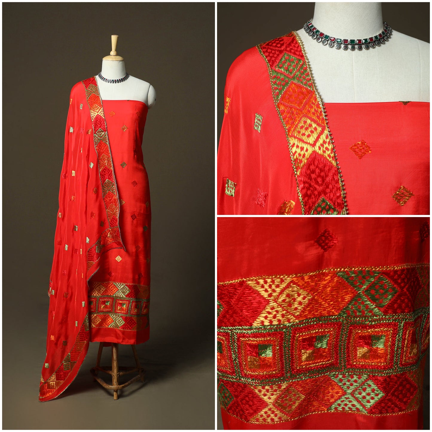 Phulkari hand embroidered crepe silk 3pc unstitched dress