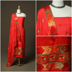 Phulkari hand embroidered crepe silk 3pc unstitched dress