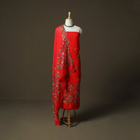 Phulkari hand embroidered crepe silk 3pc unstitched dress