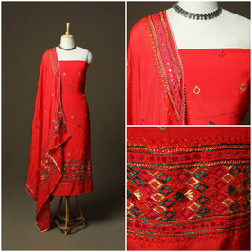 Phulkari hand embroidered crepe silk 3pc unstitched dress