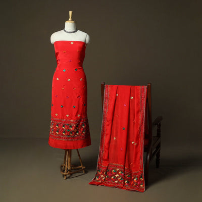 Phulkari hand embroidered crepe silk 3pc unstitched dress