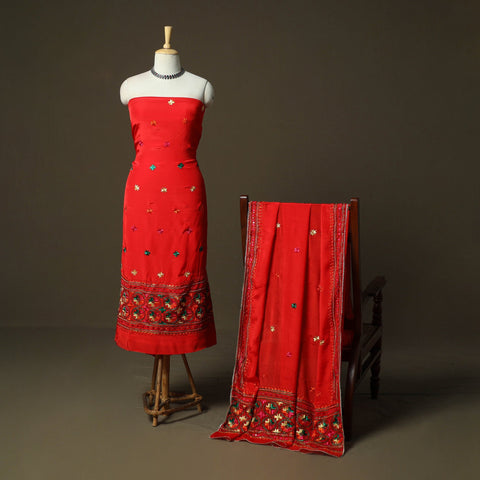 Phulkari hand embroidered crepe silk 3pc unstitched dress