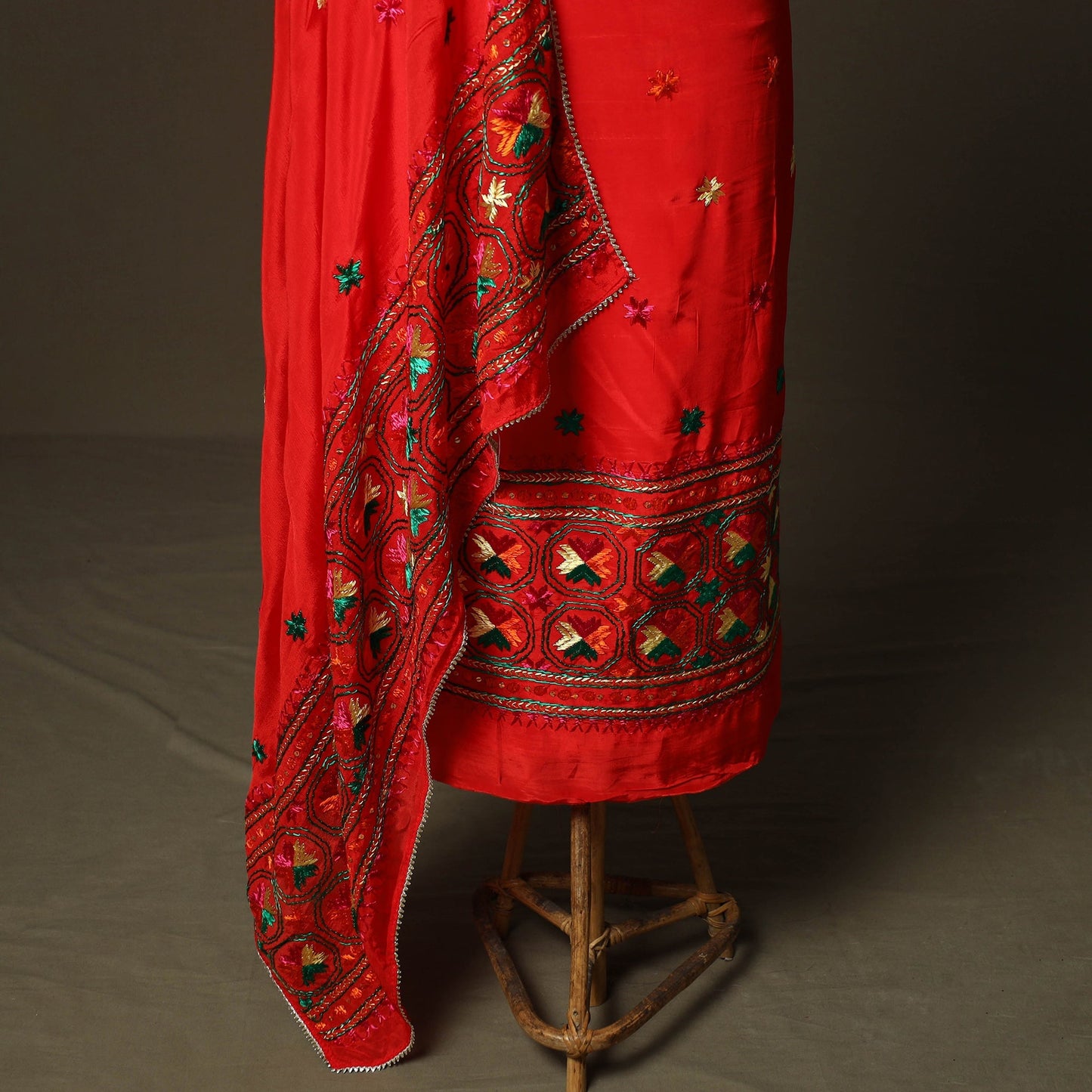Phulkari hand embroidered crepe silk 3pc unstitched dress