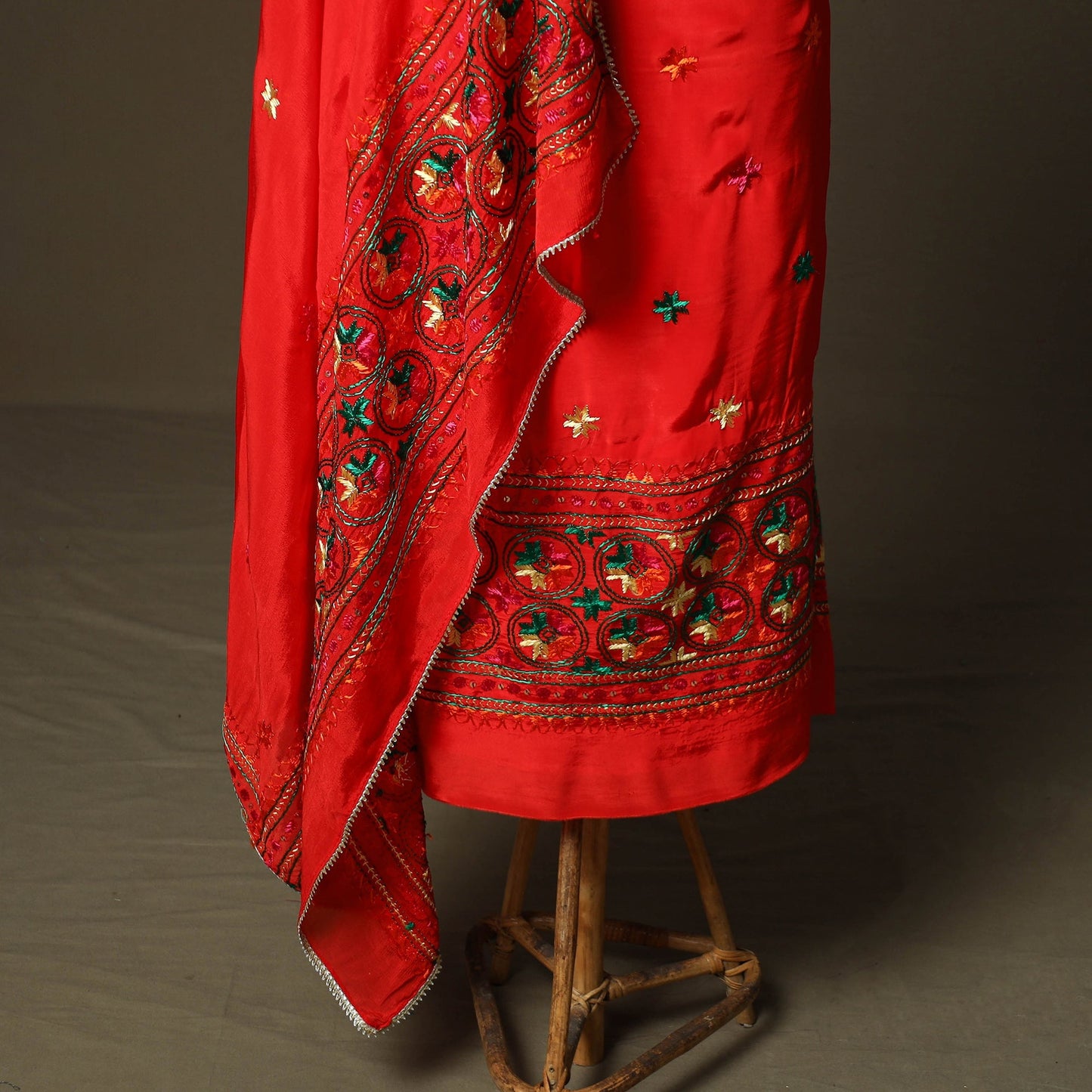 Phulkari hand embroidered crepe silk 3pc unstitched dress