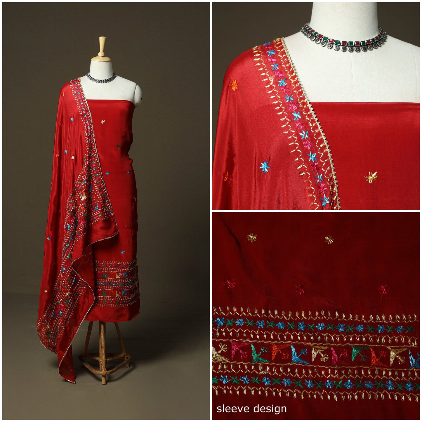 Phulkari hand embroidered crepe silk 3pc unstitched dress