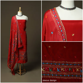 Phulkari hand embroidered crepe silk 3pc unstitched dress