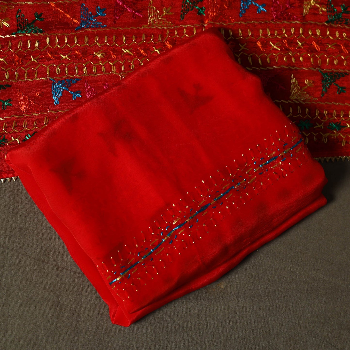 Phulkari hand embroidered crepe silk 3pc unstitched dress