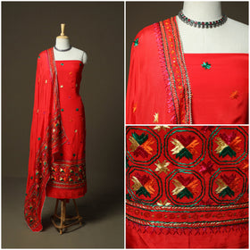Phulkari hand embroidered crepe silk 3pc unstitched dress