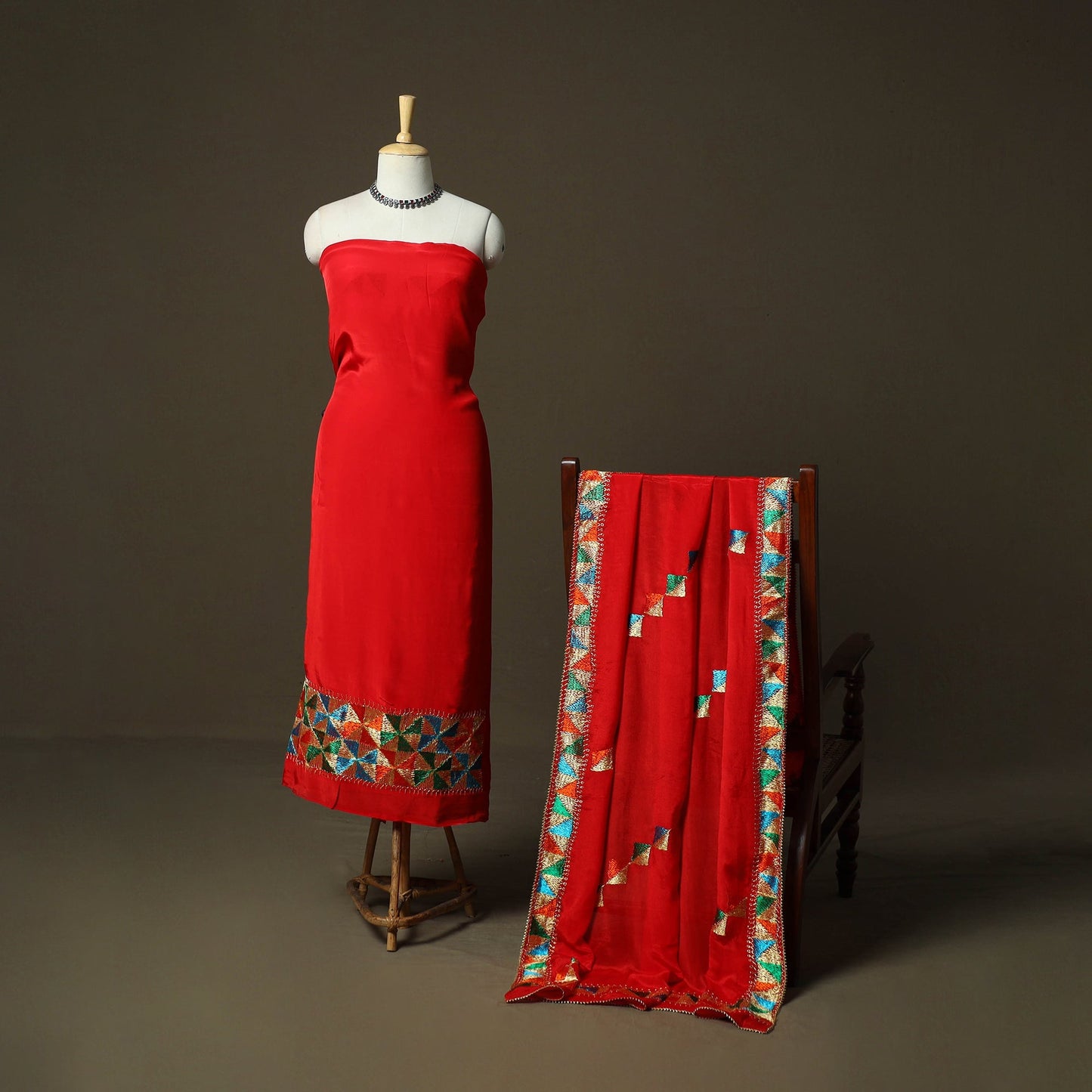 Phulkari hand embroidered crepe silk 3pc unstitched dress