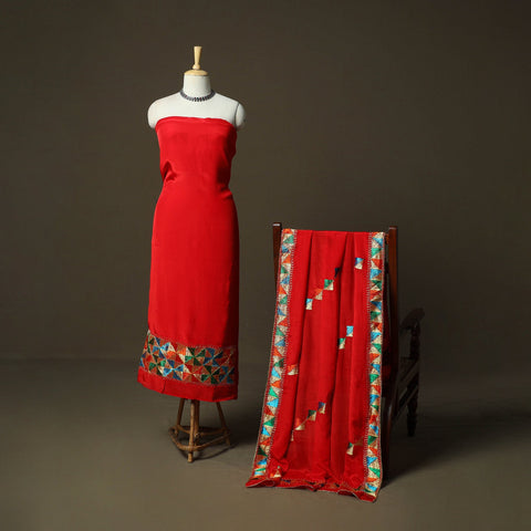 Phulkari hand embroidered crepe silk 3pc unstitched dress