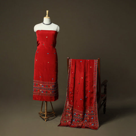 Phulkari hand embroidered crepe silk 3pc unstitched dress
