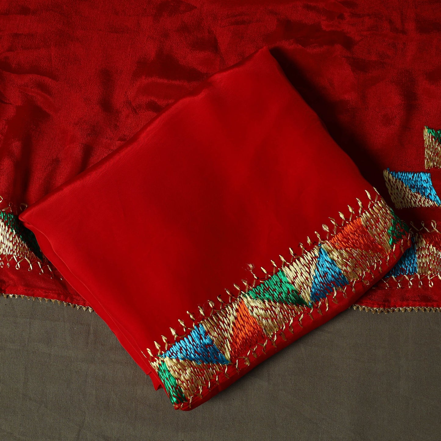 Phulkari hand embroidered crepe silk 3pc unstitched dress