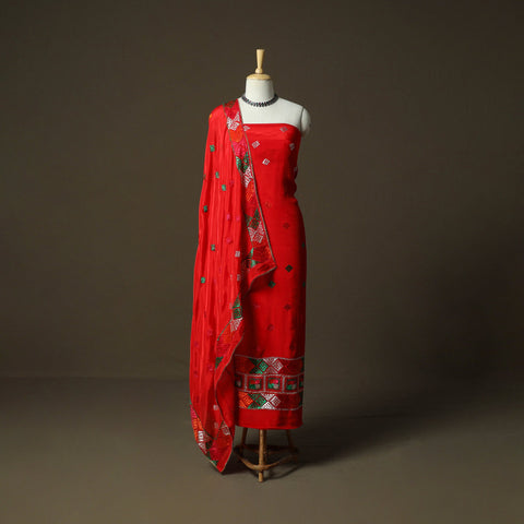 Phulkari hand embroidered crepe silk 3pc unstitched dress
