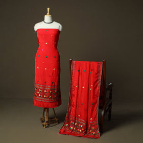 Phulkari hand embroidered crepe silk 3pc unstitched dress