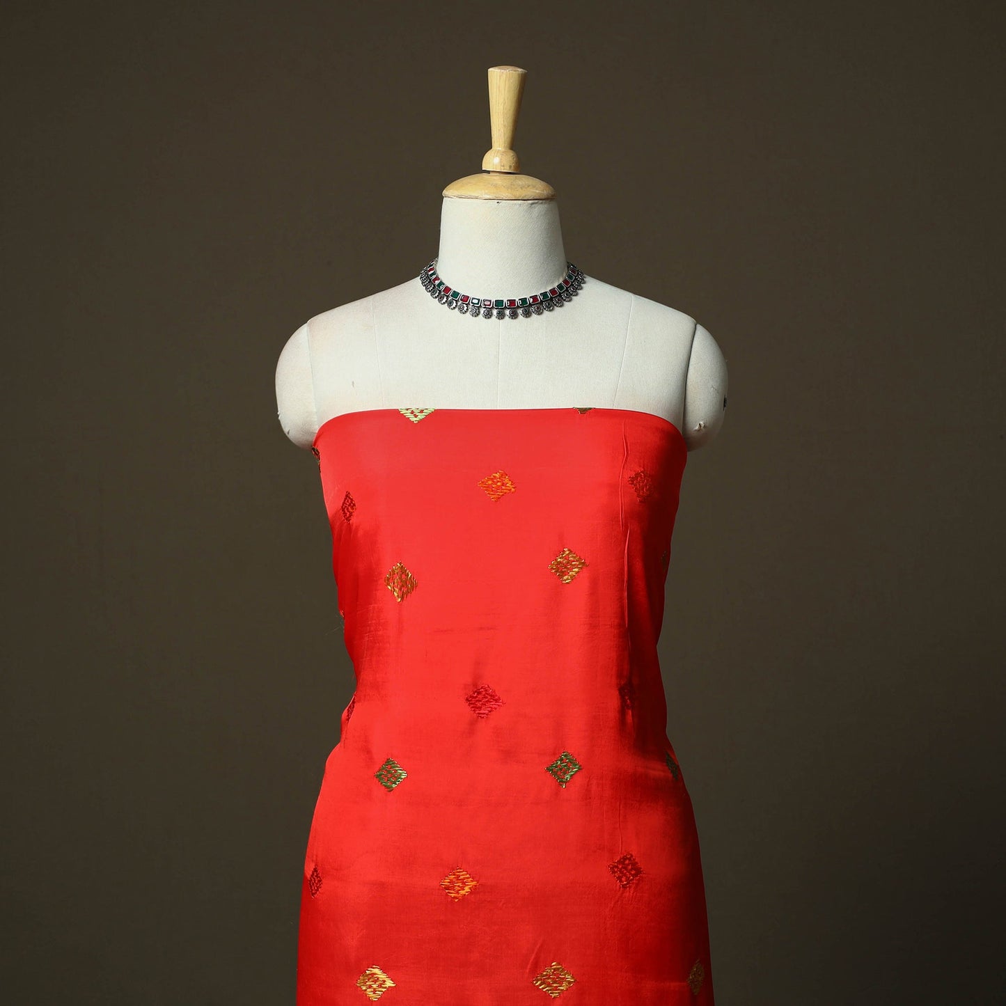 Phulkari hand embroidered crepe silk 3pc unstitched dress