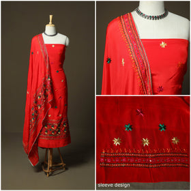 Phulkari hand embroidered crepe silk 3pc unstitched dress