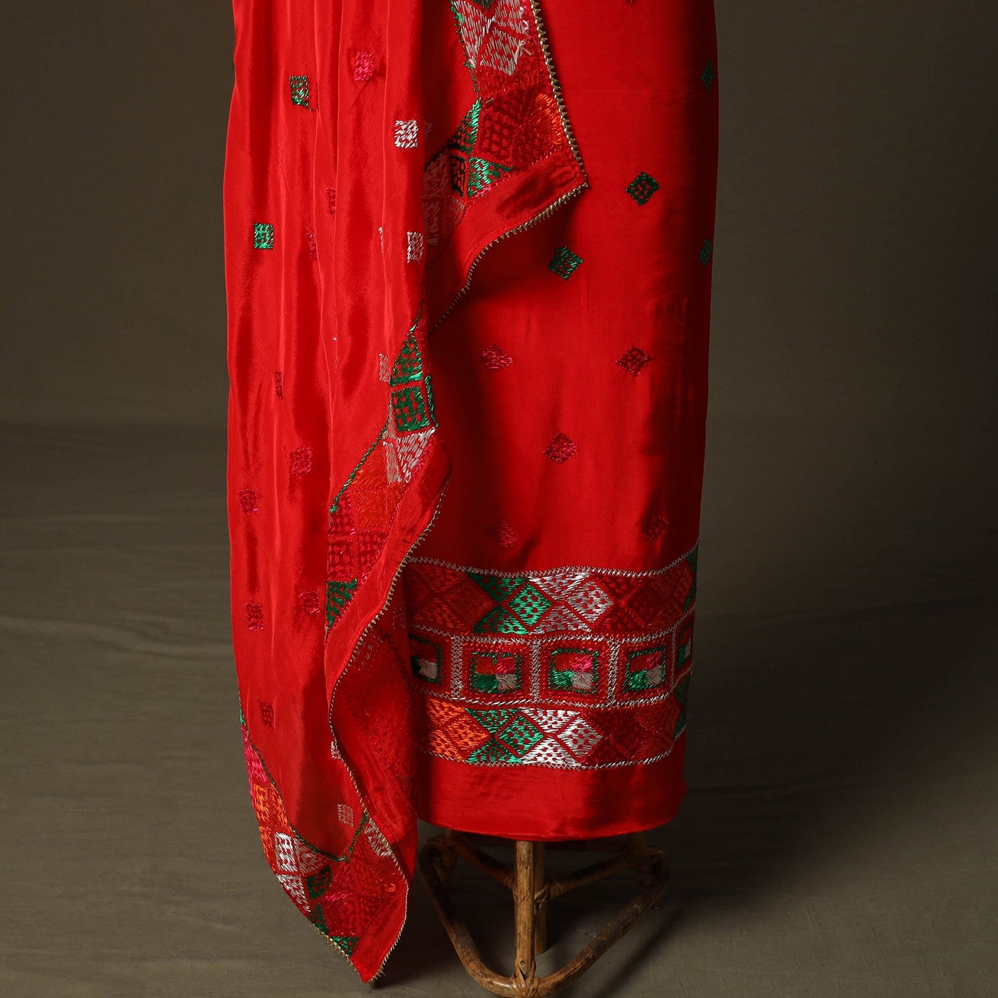 Phulkari hand embroidered crepe silk 3pc unstitched dress
