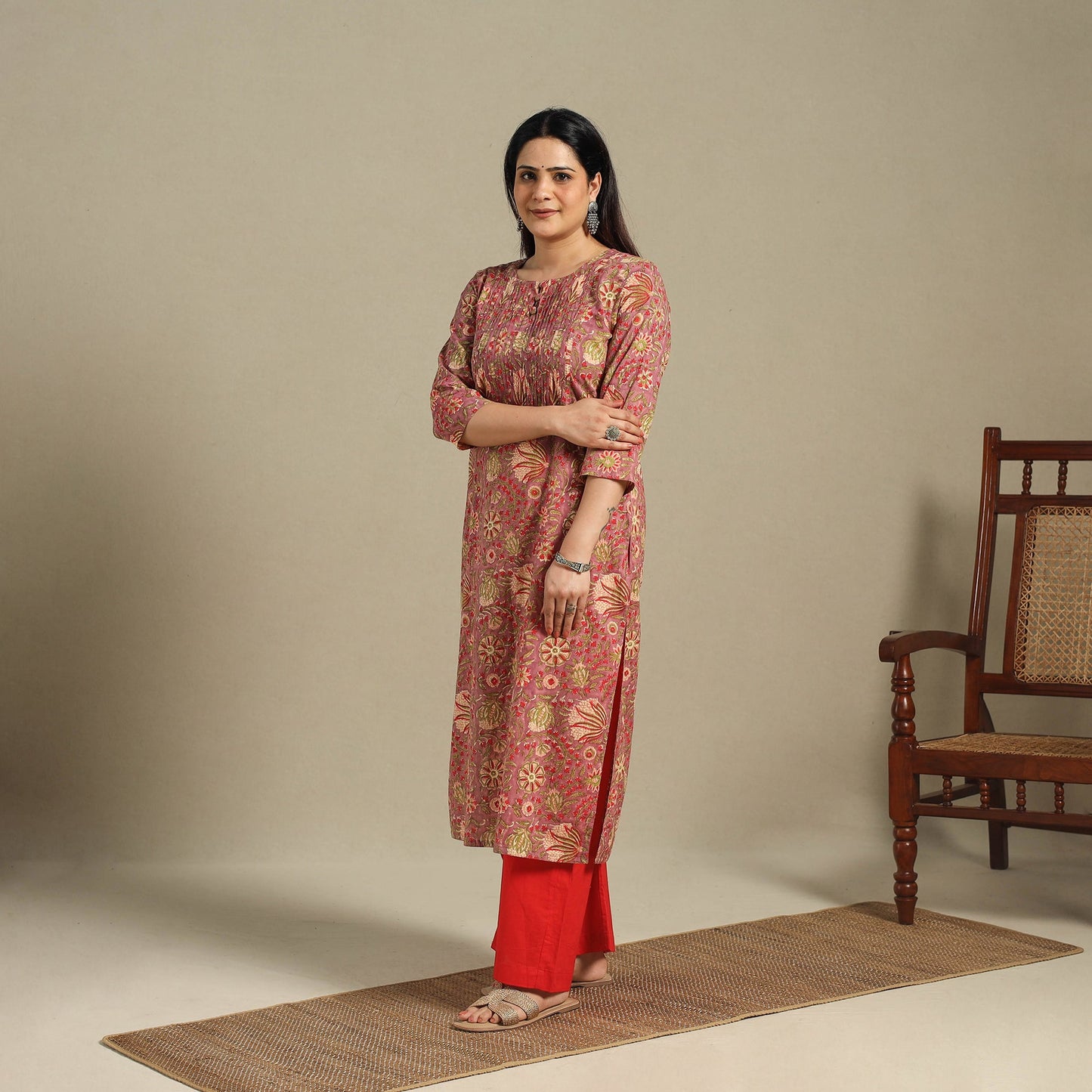 Red - pintuck cotton straight sanganeri kurta 15