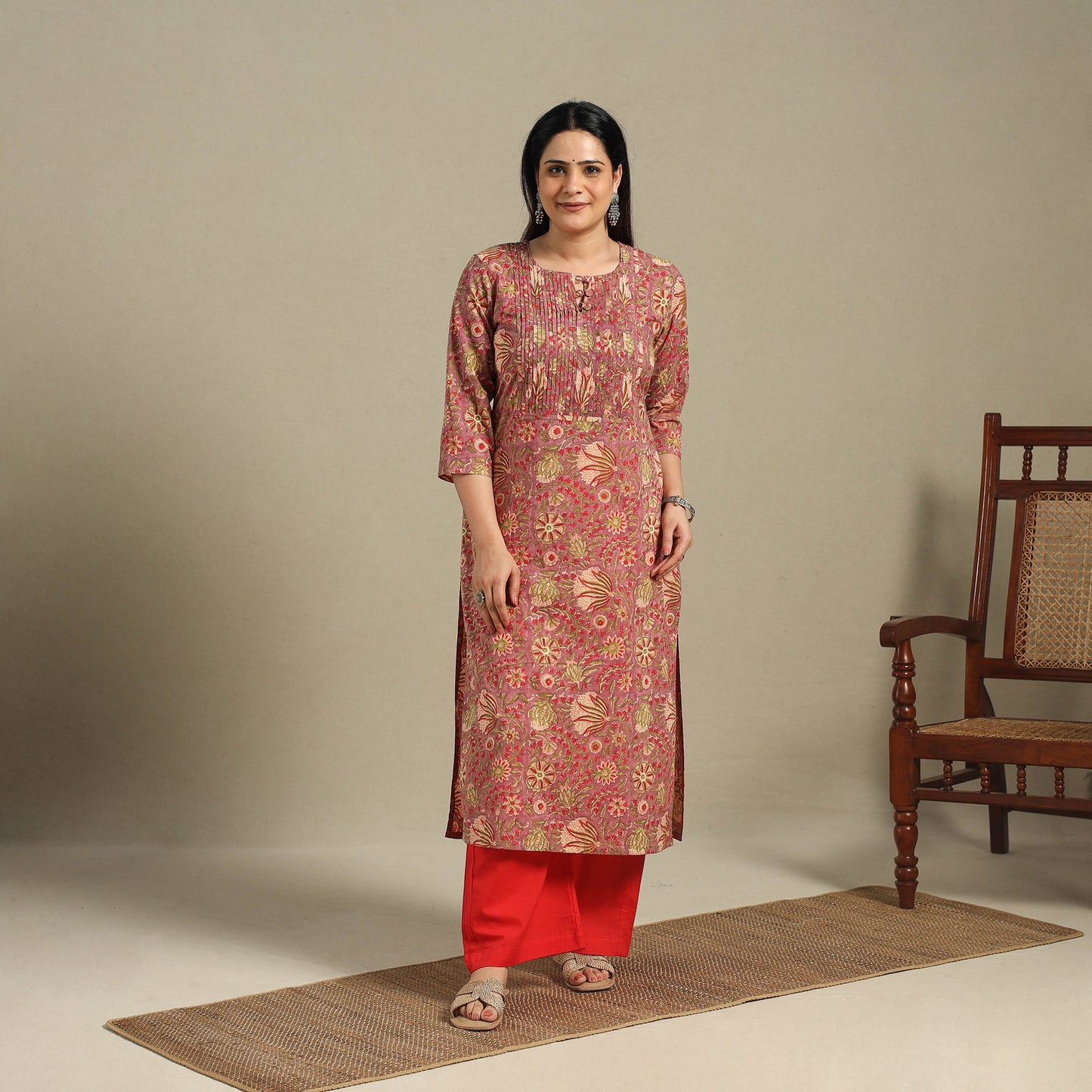 Red - pintuck cotton straight sanganeri kurta 15
