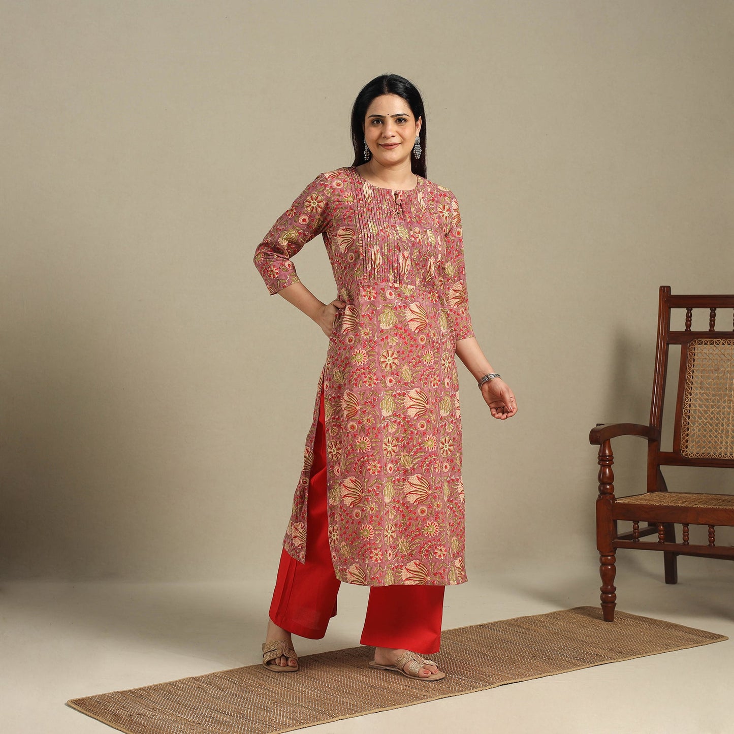 Red - pintuck cotton straight sanganeri kurta 15