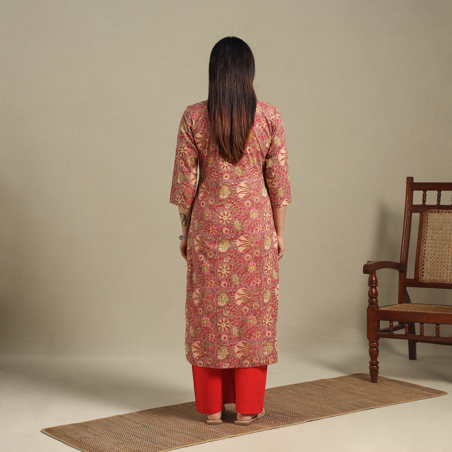 Red - pintuck cotton straight sanganeri kurta 15