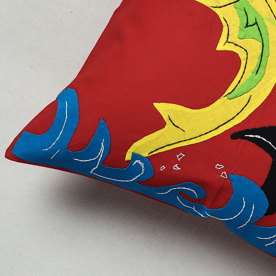 Red Pipli Applique Work Cotton Cushion Cover