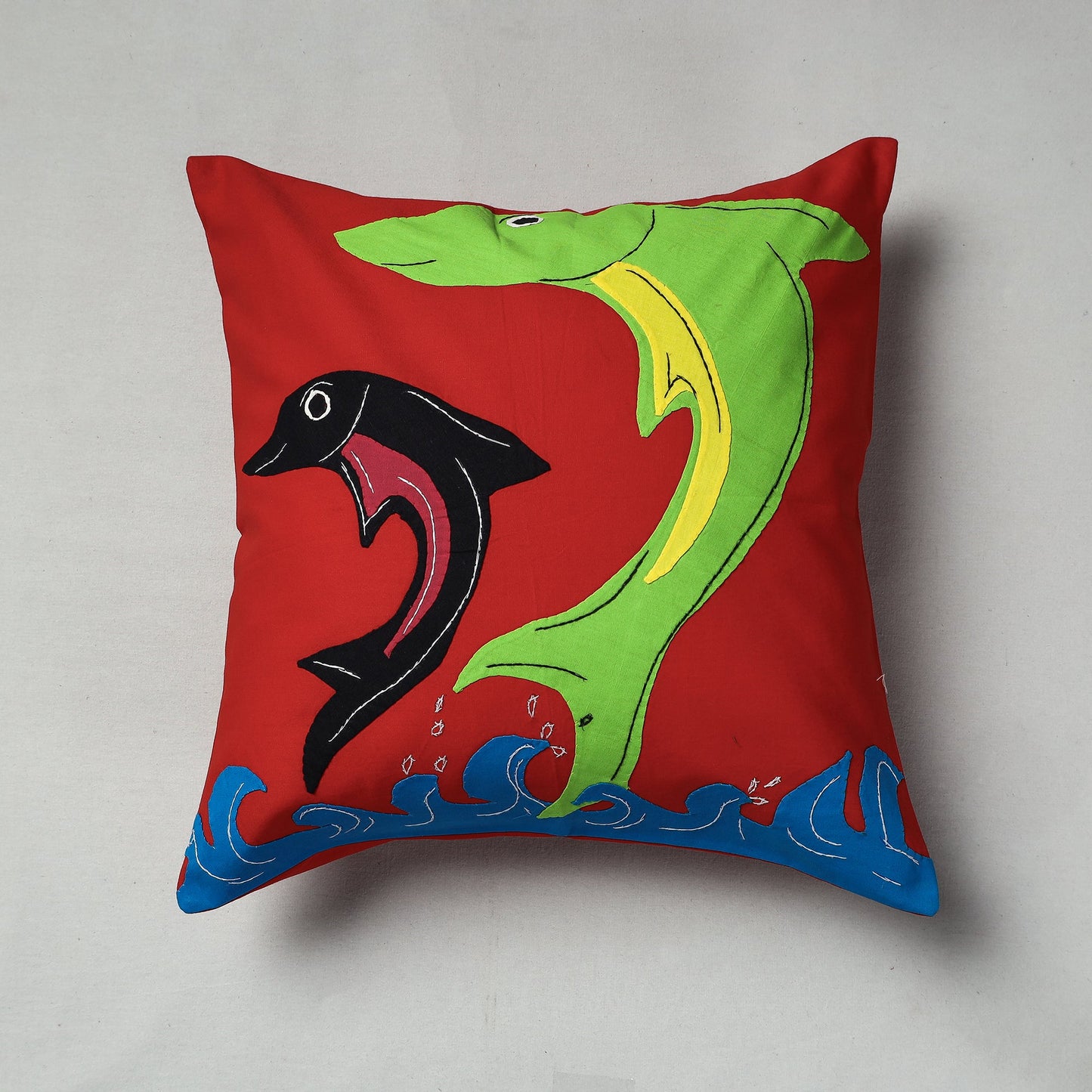 Red Pipli Applique Work Cotton Cushion Cover