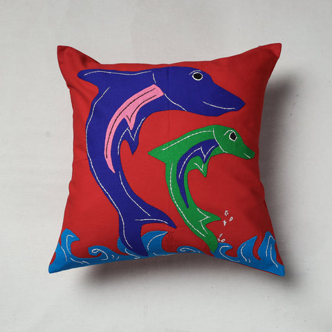 Red Pipli Applique Work Cotton Cushion Cover