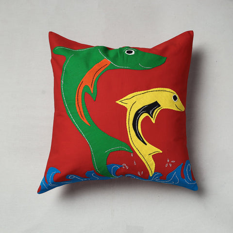 Red Pipli Applique Work Cotton Cushion Cover