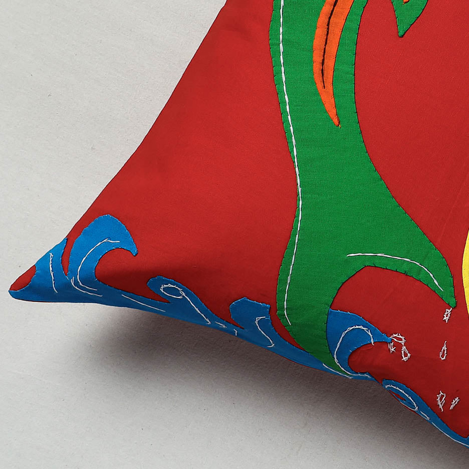 Red Pipli Applique Work Cotton Cushion Cover