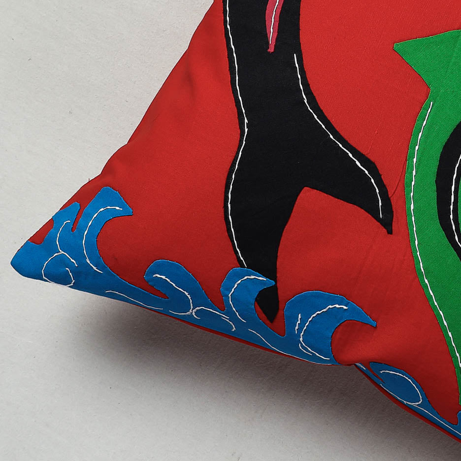 Red Pipli Applique Work Cotton Cushion Cover