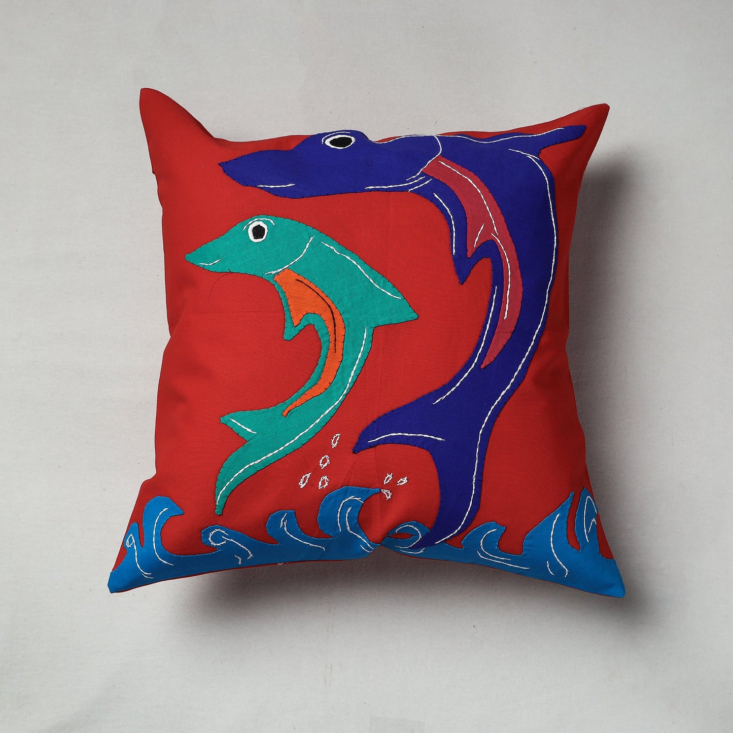 Red Pipli Applique Work Cotton Cushion Cover