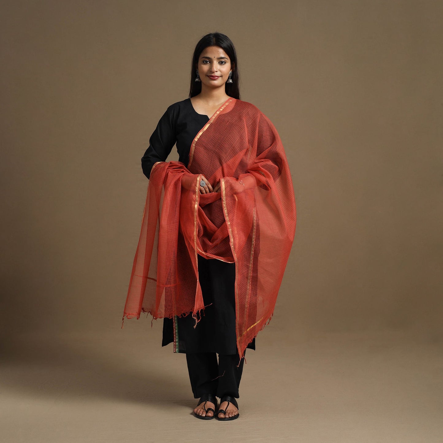 Red Plain Cotton Kota Doria Dupatta