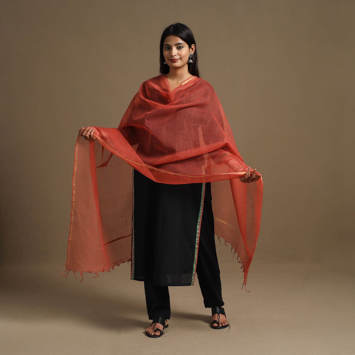 Red Plain Cotton Kota Doria Dupatta