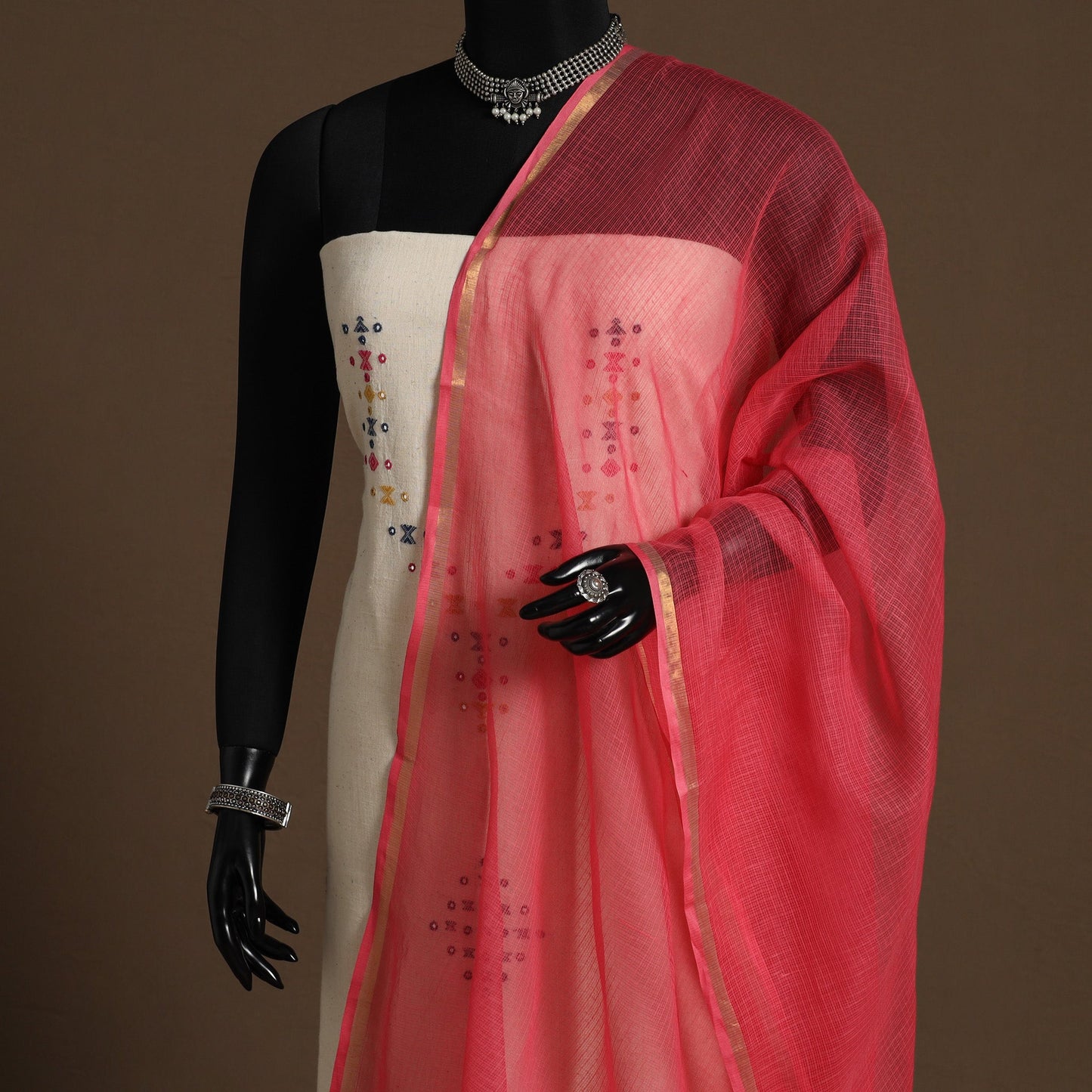 Red - plain cotton kota doria dupatta 05 - handcrafted