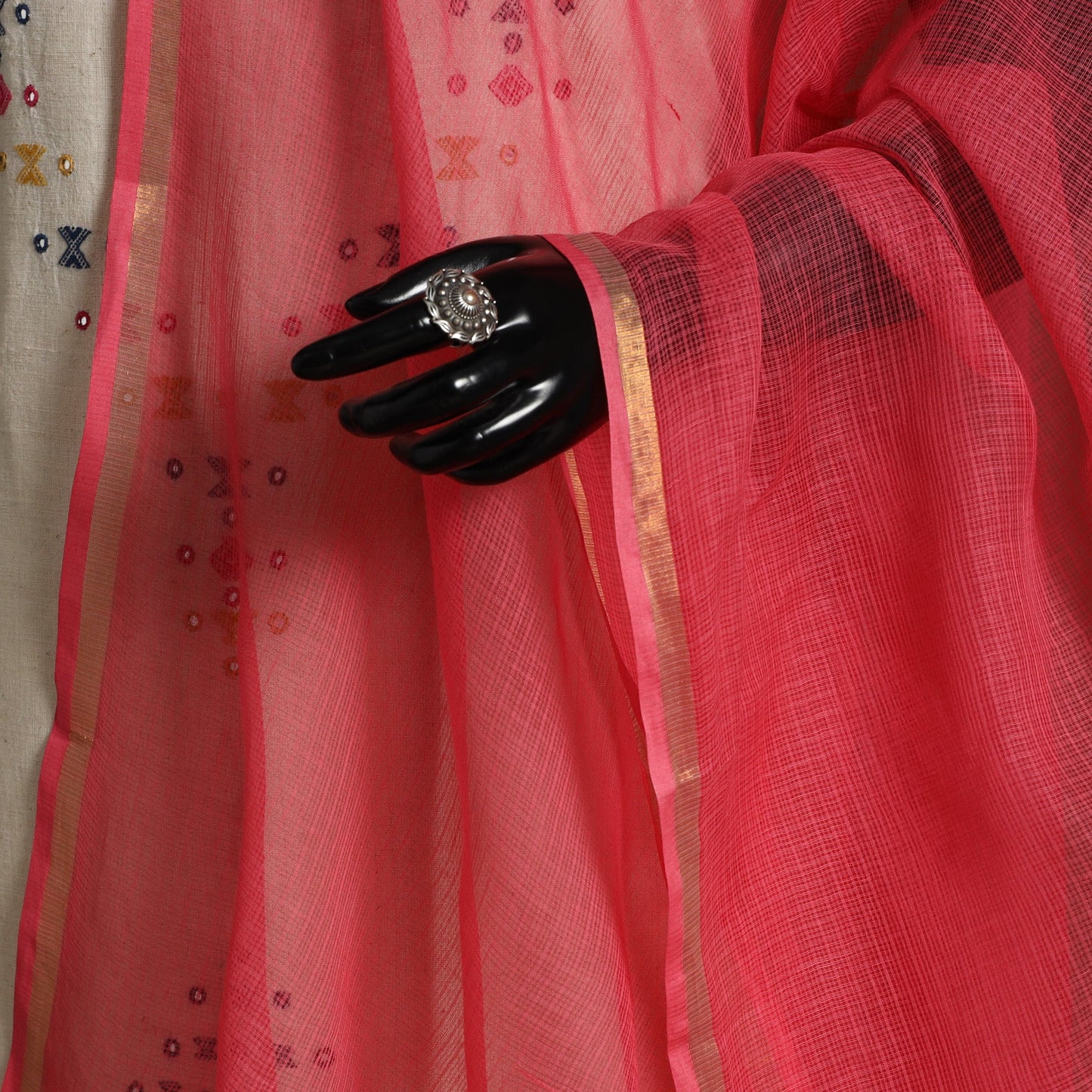 Red - plain cotton kota doria dupatta 05 - handcrafted