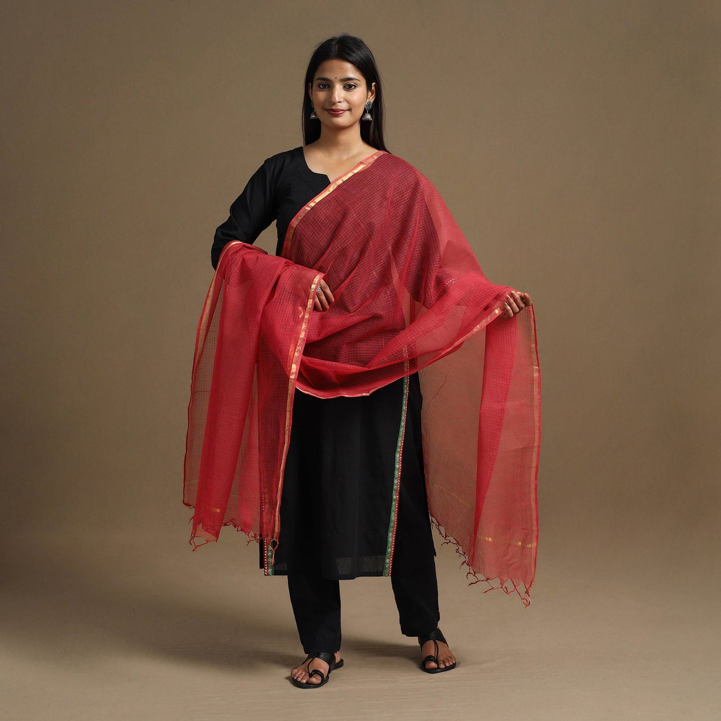Buy Red Plain Cotton Kota Doria Dupatta