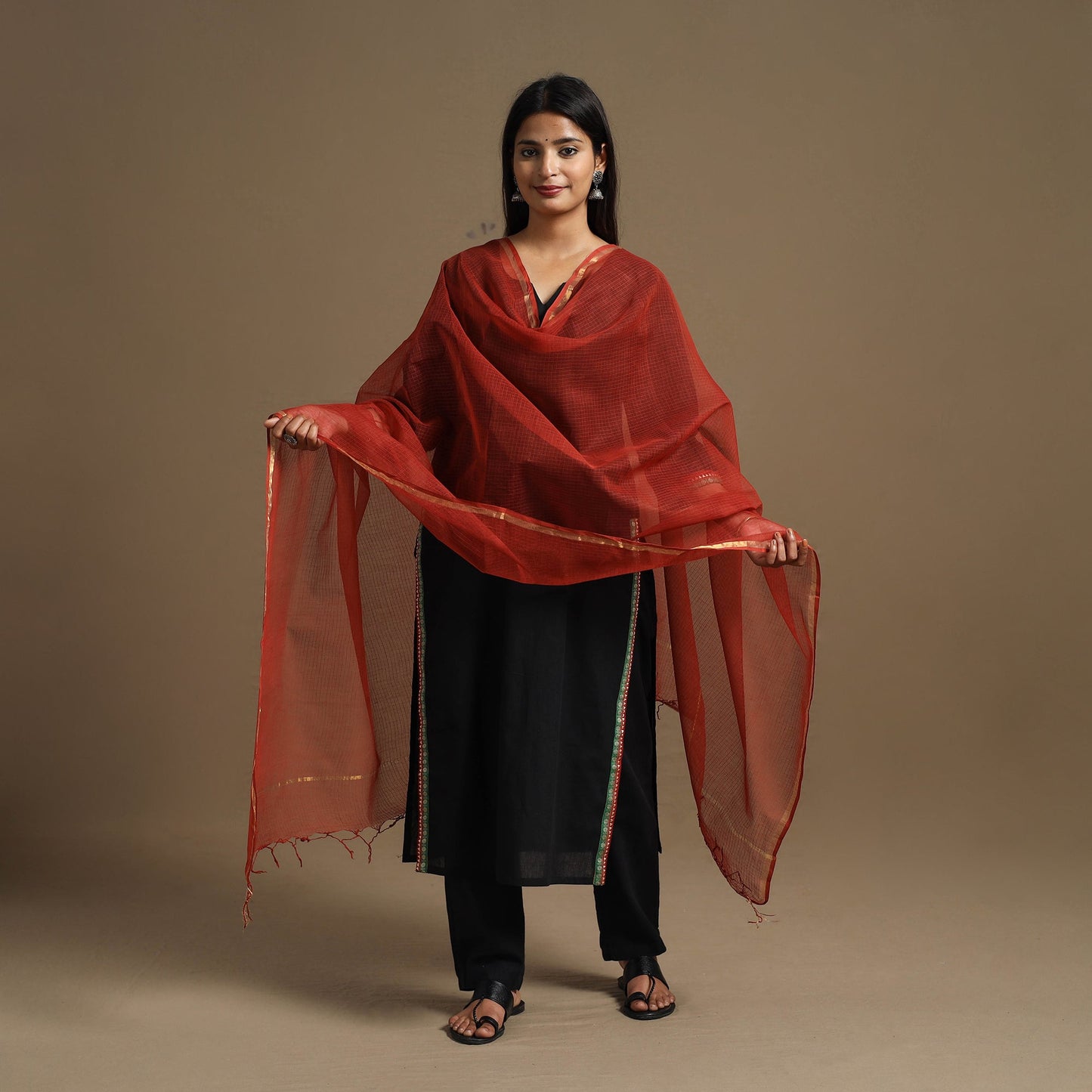 Buy Red Plain Cotton Kota Doria Dupatta