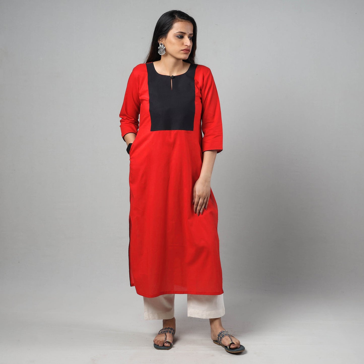 Red - plain cotton long straight kurta - handcrafted