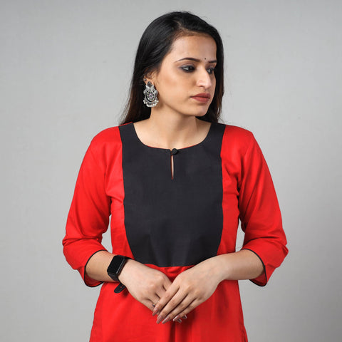 Red - plain cotton long straight kurta - handcrafted