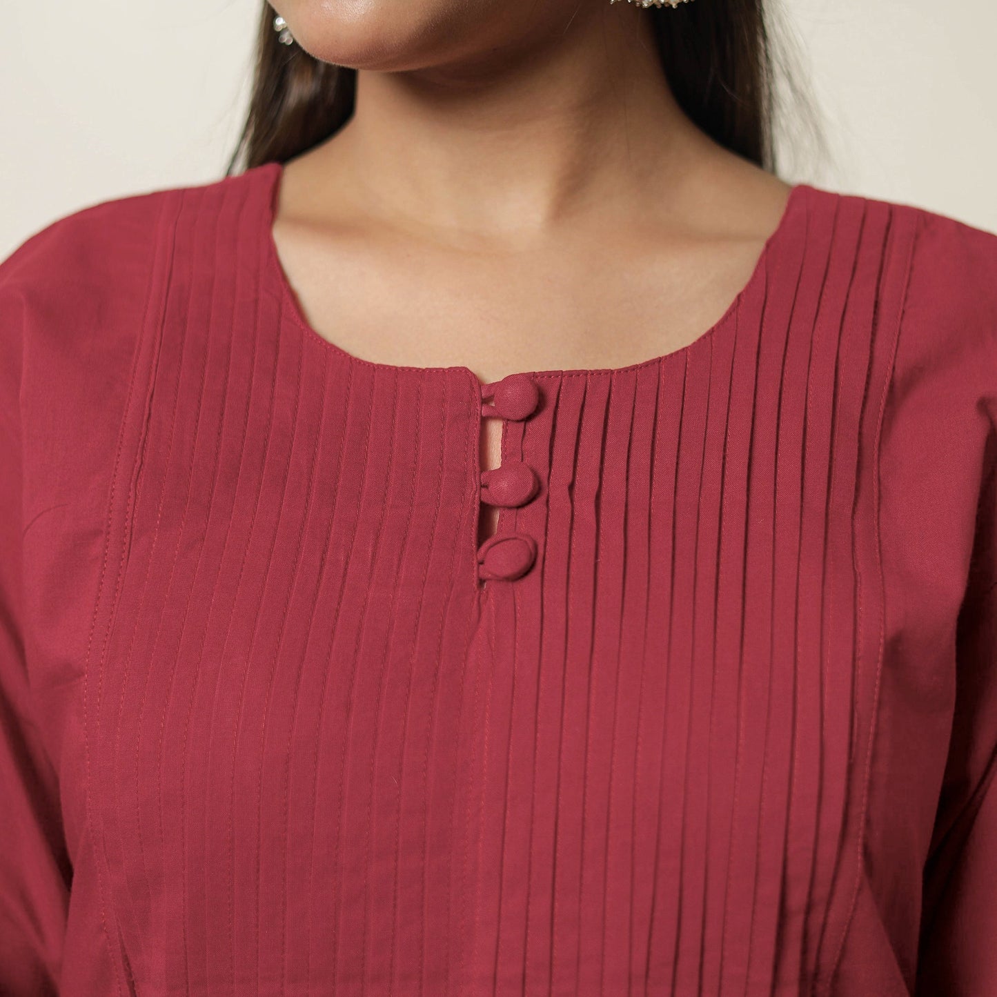 Red - plain cotton pintuck long kurta 21 - handcrafted