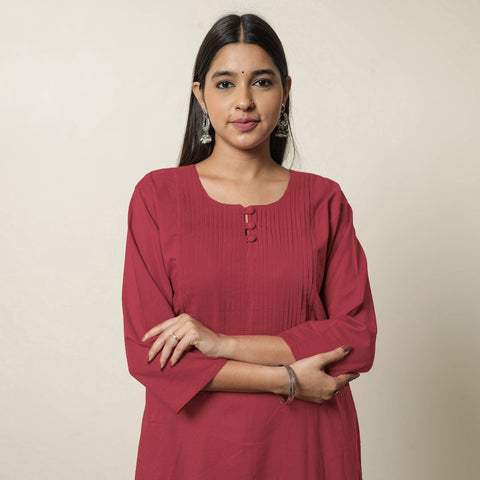Red - plain cotton pintuck long kurta 27 - handcrafted