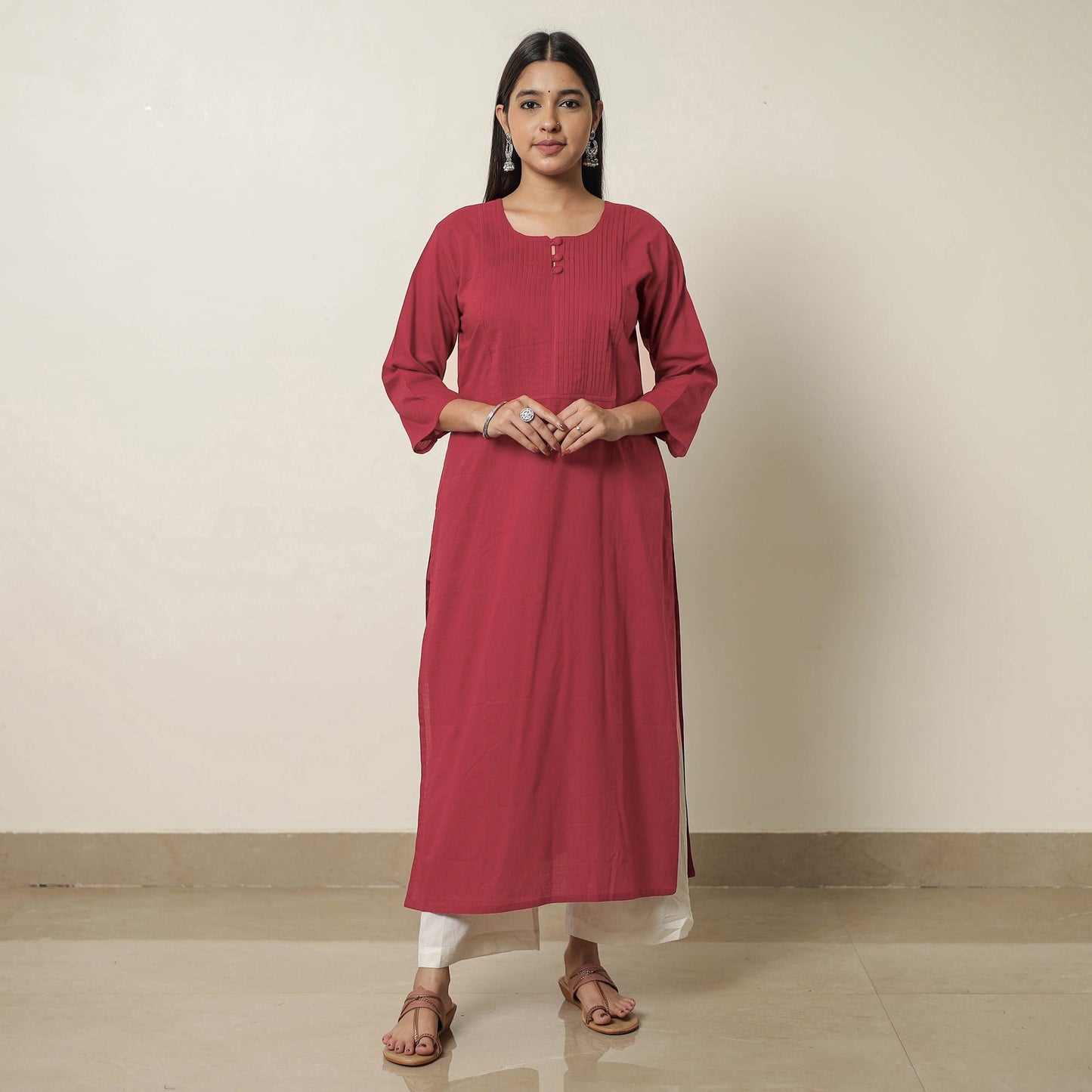 Red - plain cotton pintuck long kurta 27 - handcrafted