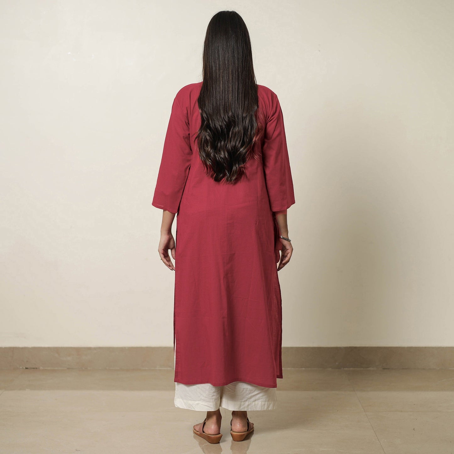Red - plain cotton pintuck long kurta 27 - handcrafted